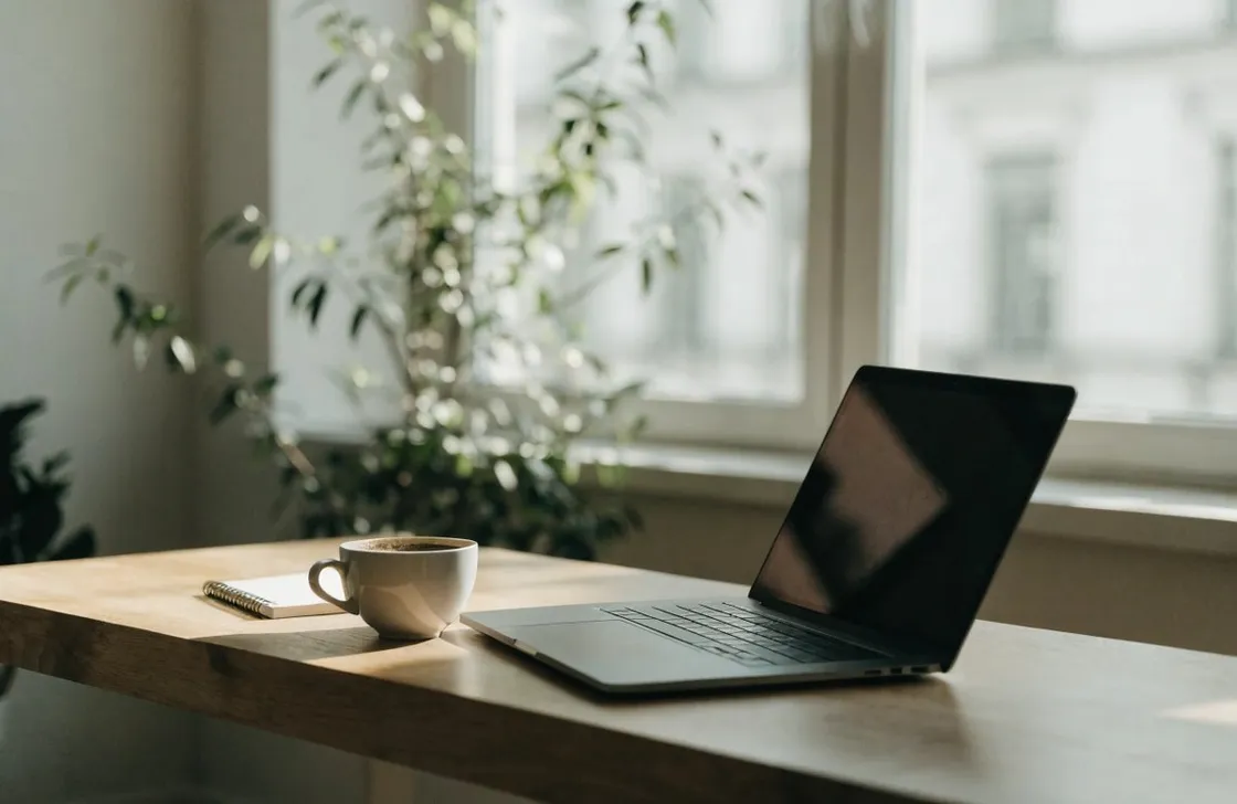 A laptop on a simple desk by a window, representing running an AI-driven business remotely