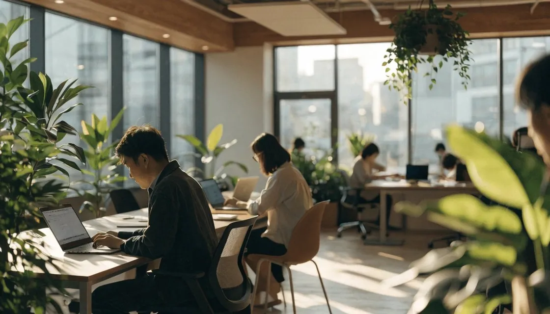 A modern coworking space in Tokyo with people working at shared desks