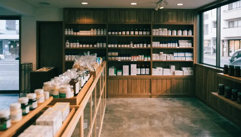 A bright neighborhood pharmacy in Tokyo with neatly stocked shelves in the early evening