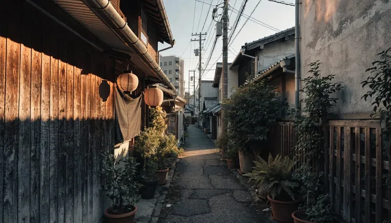 A quiet Kuramae side street near the Sumida River at low light, low buildings, a small coffee shop and craft workshop frontage