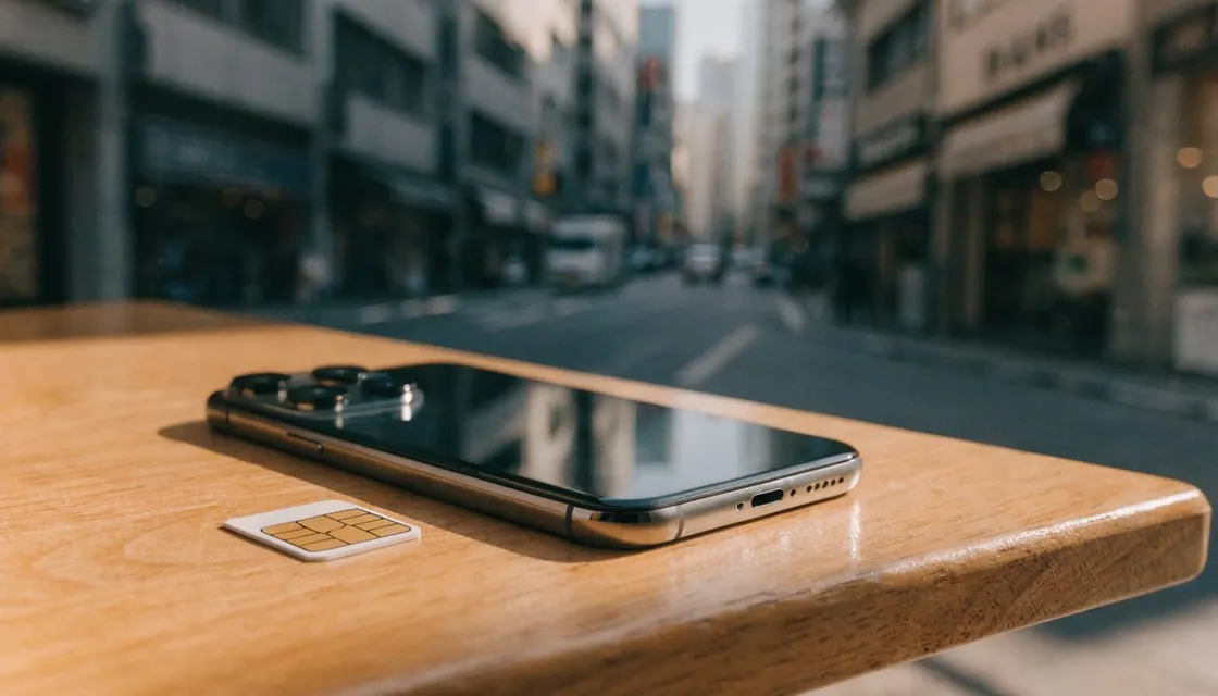A smartphone showing an eSIM setup screen with a Tokyo street in the background