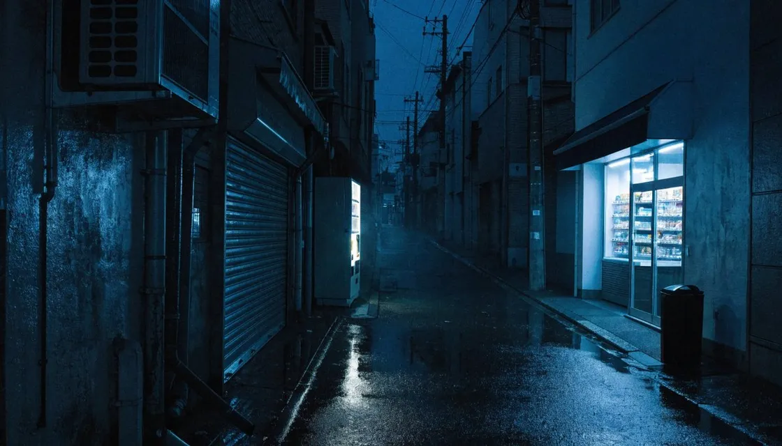A quiet Tokyo street at night lit by a glowing vending machine and convenience store