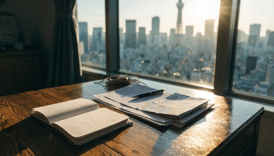 A passport and travel documents on a desk with a Tokyo skyline view