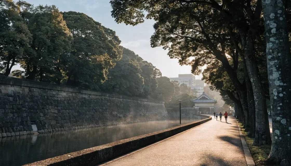 A tree-lined running path along the Imperial Palace moat in Tokyo at dawn