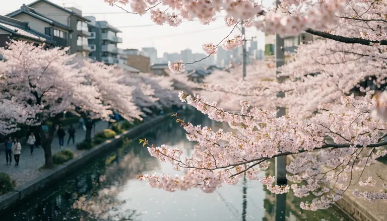 Cherry blossoms in full bloom along a Tokyo canal