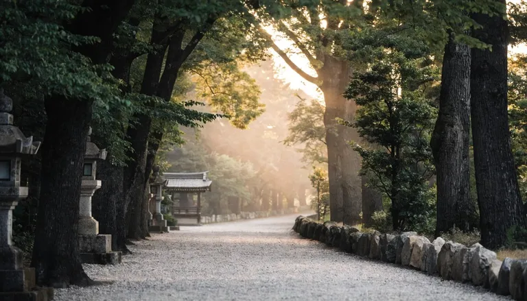 A serene shrine path lined with tall trees in Tokyo, soft morning light