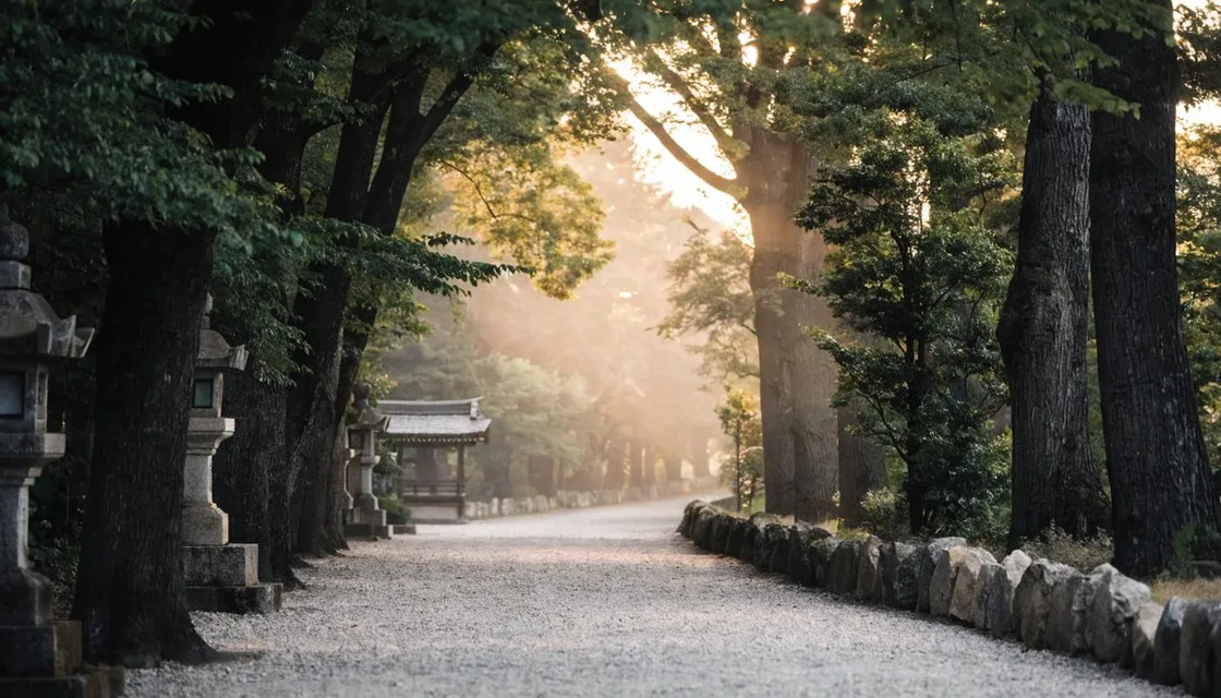 A quiet Tokyo residential street at dusk, low buildings and calm sky
