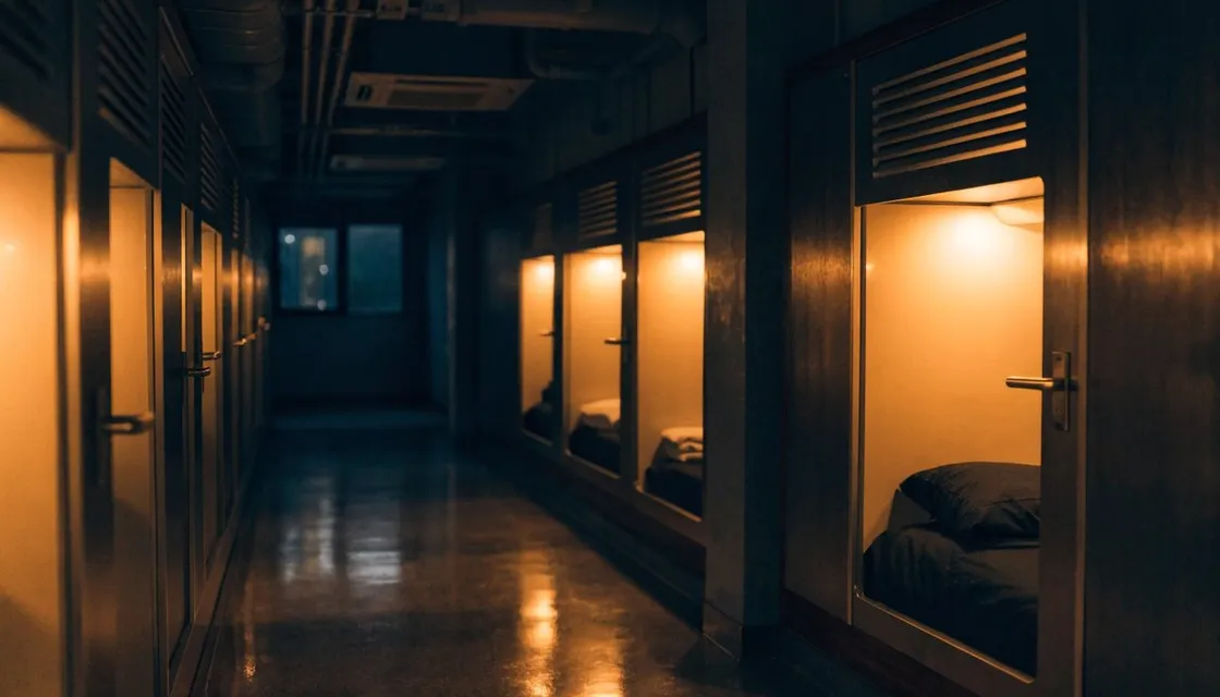A row of illuminated capsule bunks in a quiet Tokyo short-stay hotel at night