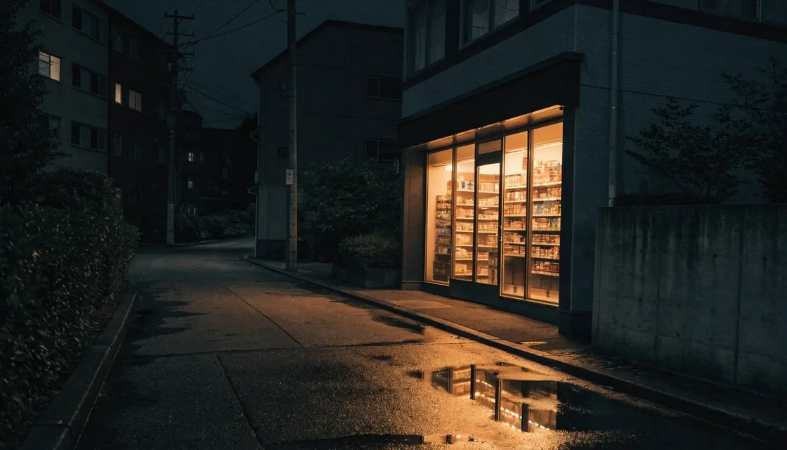 夜の住宅街で明かりをともす東京のコンビニエンスストアの店先