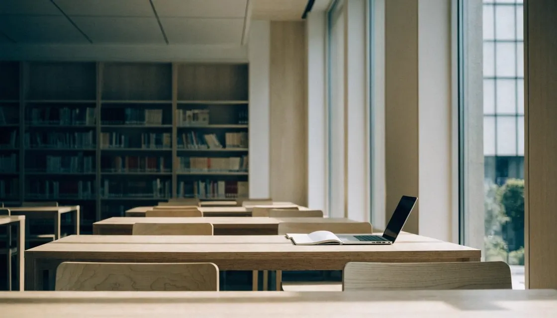 A bright reading room with wooden desks and tall windows in a Tokyo public library