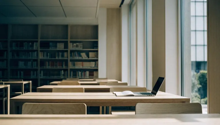 A bright reading room with wooden desks and tall windows in a Tokyo public library