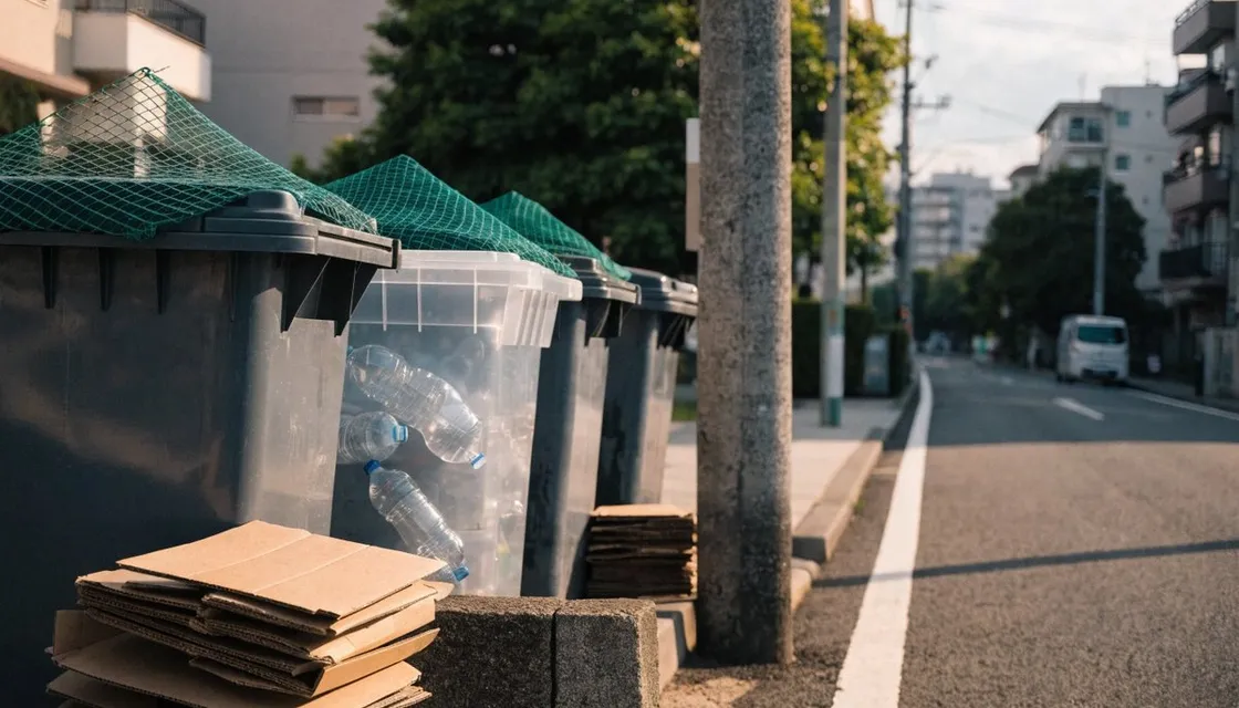 A tidy row of labeled recycling and burnable-waste bins on a quiet Tokyo residential street in the morning