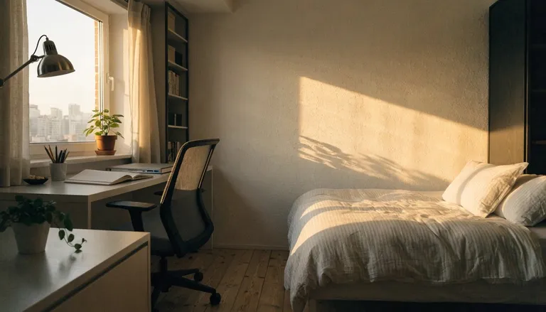A tidy furnished studio apartment in Tokyo with a desk by the window