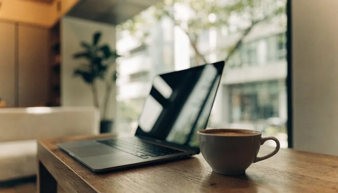 A laptop on a wooden table in a bright Tokyo café