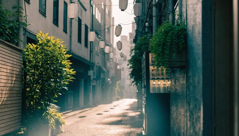 A Tokyo street in high summer, heat haze over the pavement and paper lanterns strung above